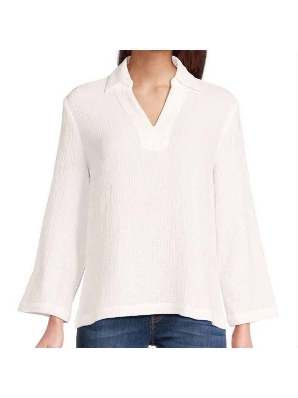 Saks Fifth Avenue White Gauze V-Neck Top Sz S